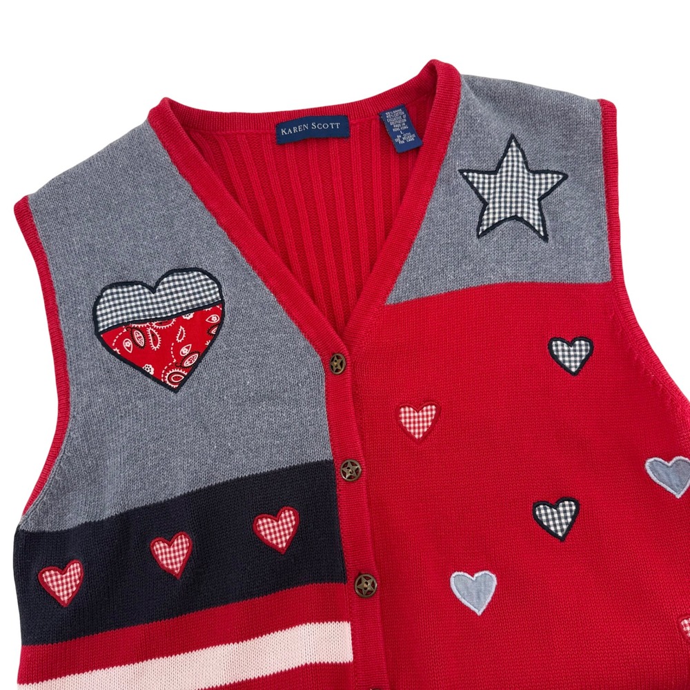 Karen Scott Patriotic Heart Star Knit Vest Women L Red White Blue USA Flag - Picture 1 of 7